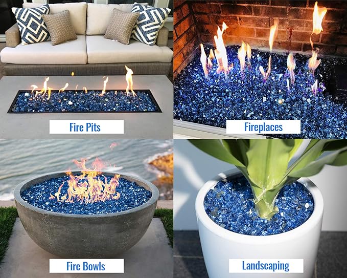 GASPRO 20LBs Fire Glass for Propane Fire Pit, 1/2-Inch Reflective Fireplace Glass Rocks for Fire Pit Table, Pacific Blue