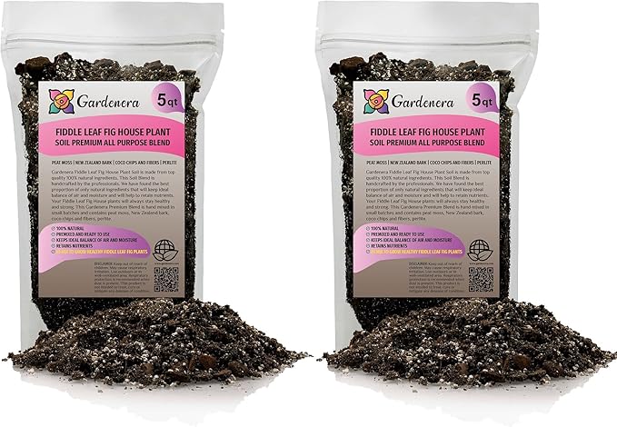Fiddle Leaf Fig Soil Mix - 10 Quart - Premium Blend of Peat Moss, New Zealand Bark, Coco Chips, and Perlite for All Purpose Planting - 2 Bags of 5 Quart
