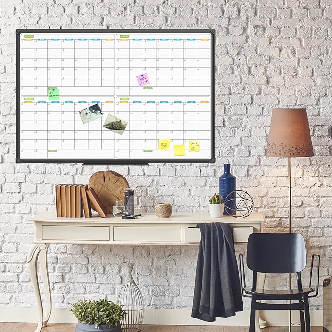 JILoffice Magnetic Dry Erase Calendar Whiteboard, 4 Month White Board Planner 36 X 24 Inch, Black Aluminum Frame Wall Mounted Board for Office Home and School