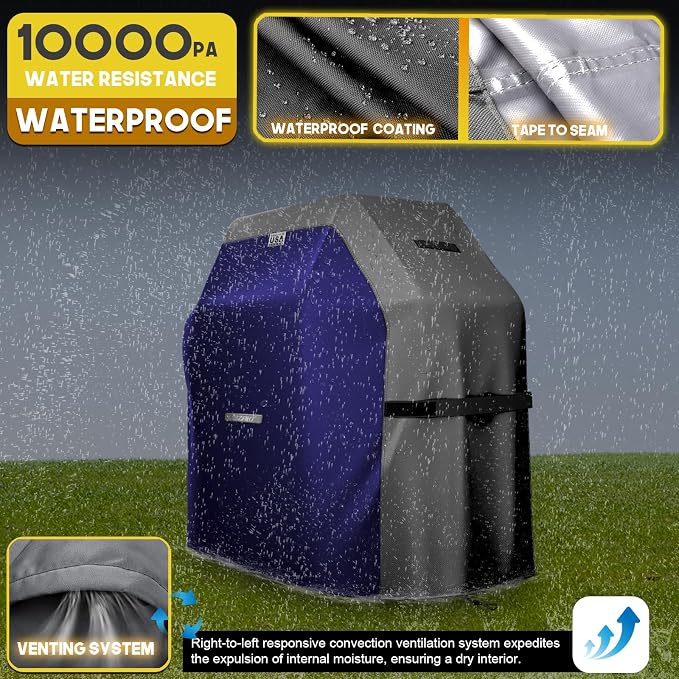 LIBZAKI Grill Cover 420D Waterproof, Weather Resistant, Rip-Proof, Anti-UV, Fade Resistant,Gas Grill Cover for Weber,Char Broil,Nexgrill Grills, etc.48 inches-Blue/Gray