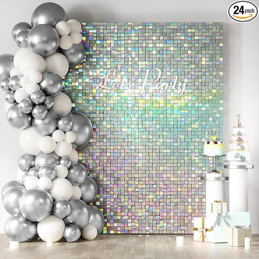 COKAOBE Iridescent Silver Shimmer Wall Backdrop, 24 Panels Square Sequin