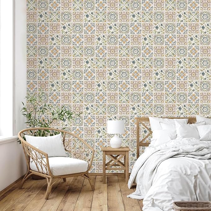 Wudnaye Bohemian Wallpaper Peel and Stick Faux Tile Contact Paper 17”×196” Tile