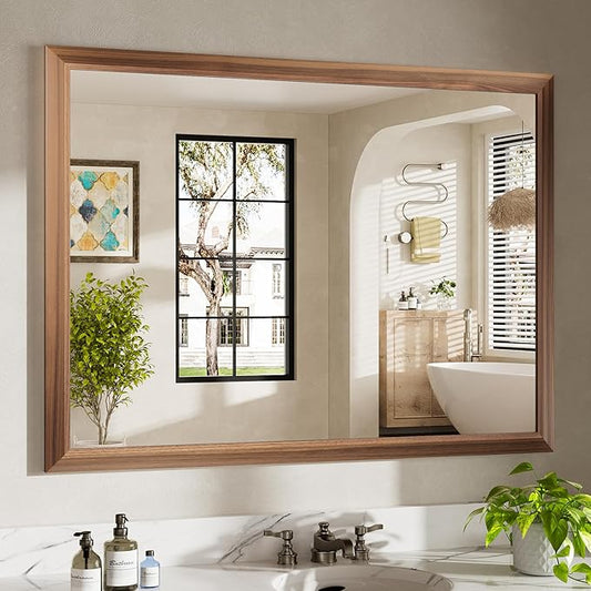 48x36 Inch Bathroom Mirror for Wall, Anti-Rust Walnut Wood Grain Metal Framed