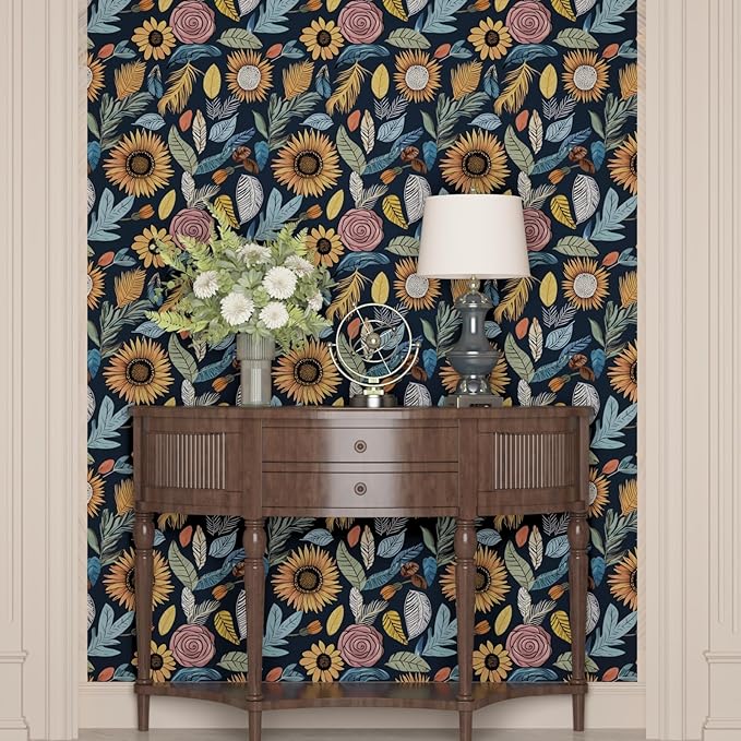 Blue Boho Wallpaper Peel and Stick, Vintage Floral Contact Paper 17.5" x 118"