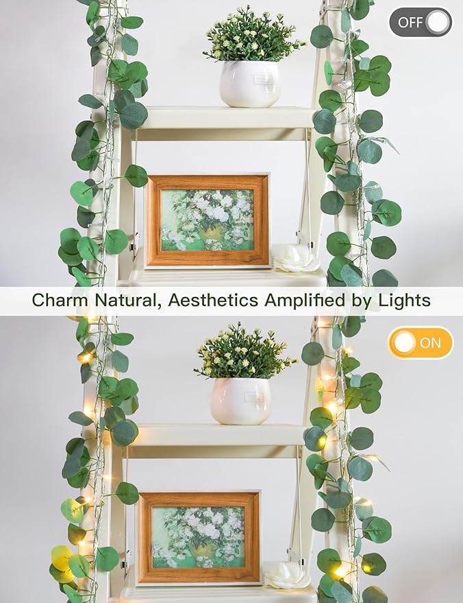 suddus Vines with Lights Plug in, 33ft 100 LED Eucalyptus Garland String Light