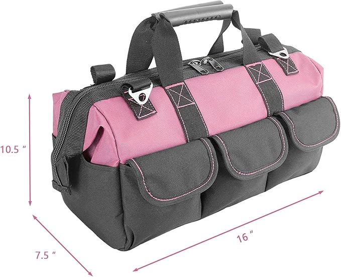 Garden Tools Bag 16inch Wide Mouth Women's Tool Bag with Molded Base and Plastic-Padded, Inside Pockets for Tool Storage,600D polyester fabric (Pink color)