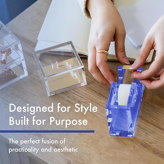 OfficeGoods Acrylic Tape Dispenser – Modern Desk Organizer for Office Supplies – Heavy Duty Refillable Tape Holder for Home and School Crafting – Stylish Desktop Accessory for Gift Wrapping, Blue