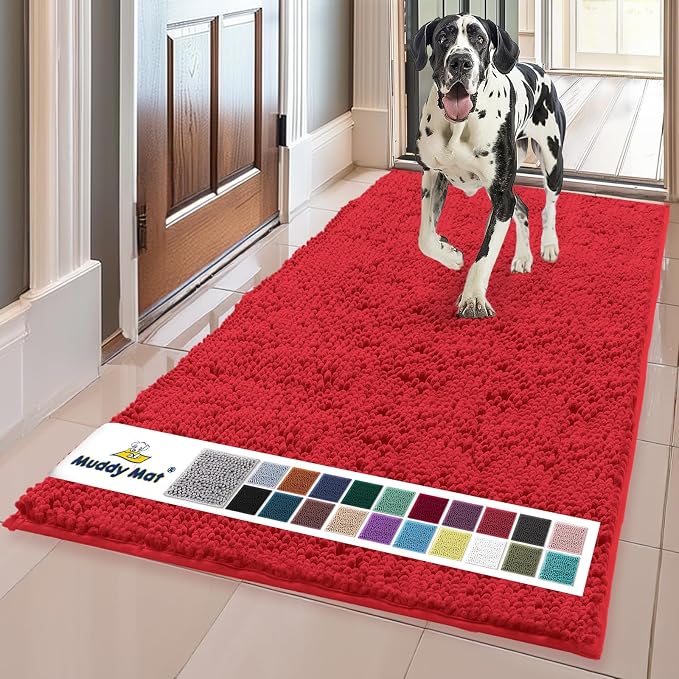 Muddy MatÂ® | Super Water Absorbent Door Mat Indoor, Microfiber Quick Dry Chenille Entryway Rug, Slip Resistant Front Door Mat, Indoor Mats for Entryway, Machine Washable Pet Rug, Red 36"x72"