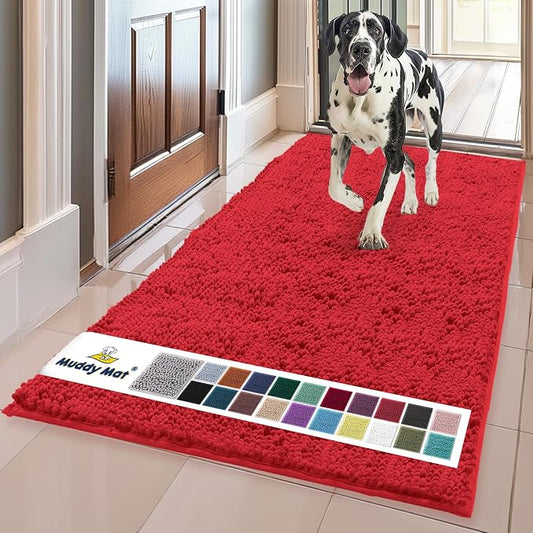 Muddy MatÂ® | Super Water Absorbent Door Mat Indoor, Microfiber Quick Dry Chenille Entryway Rug, Slip Resistant Front Door Mat, Indoor Mats for Entryway, Machine Washable Pet Rug, Red 24" x 72"