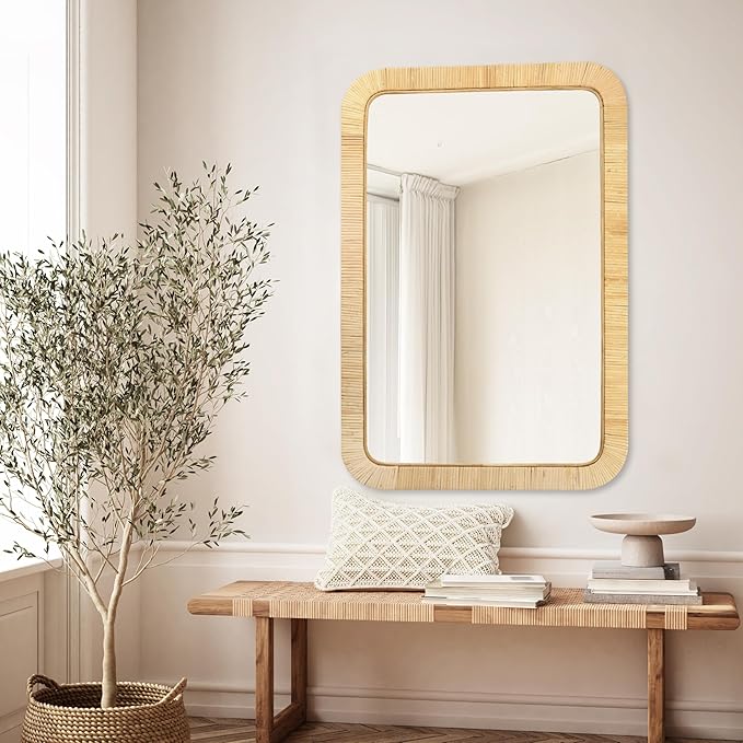PERFNIQUE Rattan Mirror, Decorative Wall Nursery Decor, Rustic Farmhouse