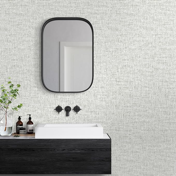 Grey Grasscloth Peel and Stick Wallpaper, Vintage Textured Contact Paper 15.75"