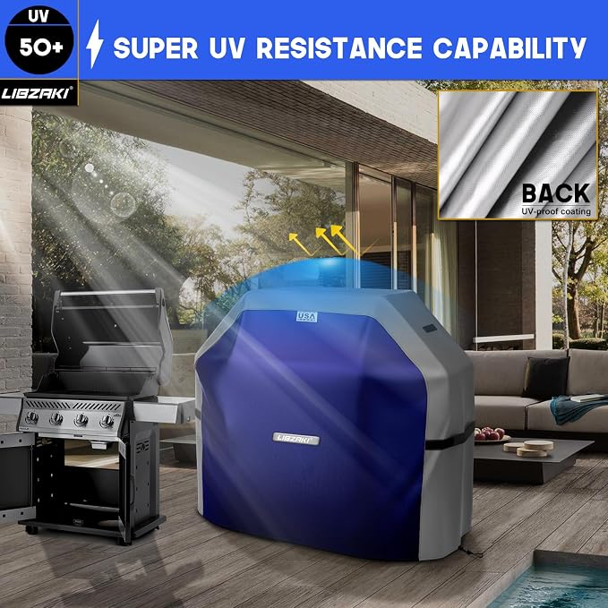 LIBZAKI Grill Cover 420D Waterproof, Weather Resistant, Rip-Proof, Anti-UV, Fade Resistant,Gas Grill Cover for Weber,Char Broil,Nexgrill Grills, etc.60 inches-Blue/Gray