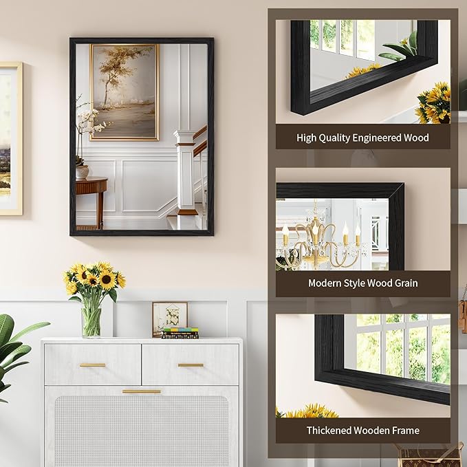 Syndra Black Wood Frame Bathroom Mirror, Waterproof Slim Deep Frame,
