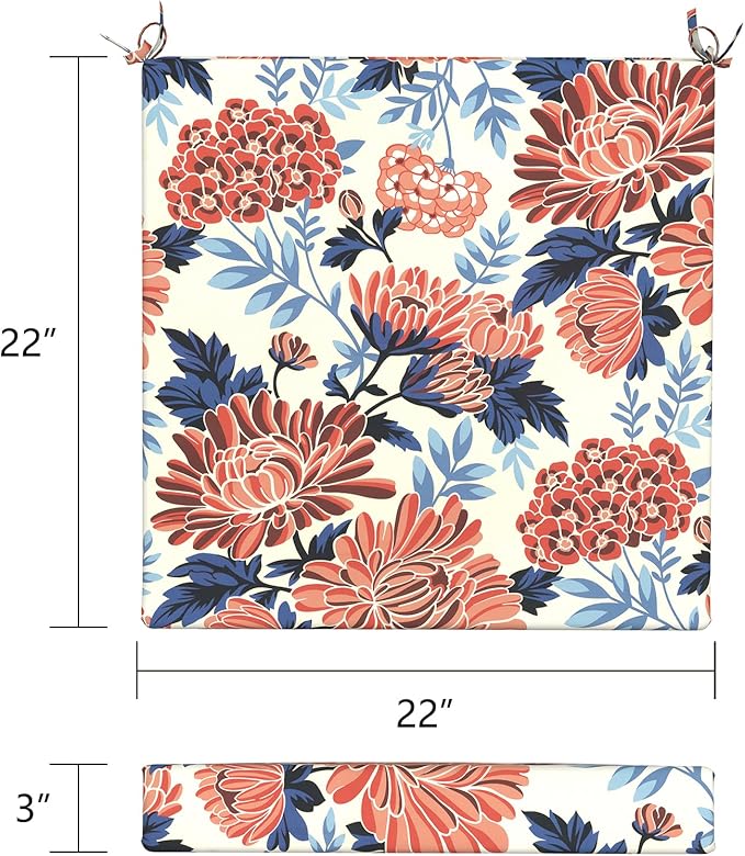 LVTXIII Outdoor Chair Cushions, Water Repellent Patio Furniture Cushions Outdoor Chair Pads with Ties for Dining Chairs and Garden Furniture, 22"x22"x3" Set of 2, Red Chrysanthemum