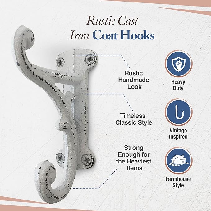 Rustic Cast Iron Coat Hooks Antique White, Wall Mounted, Farmhouse Decorative