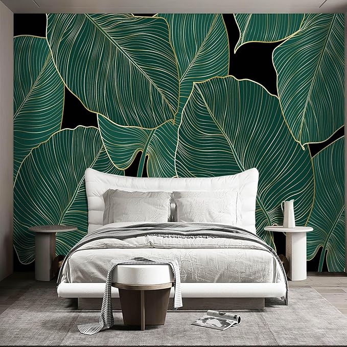 Black and Gold Leaf Mural Bedroom Tropical Green Botanical Wallpaper Room Plant