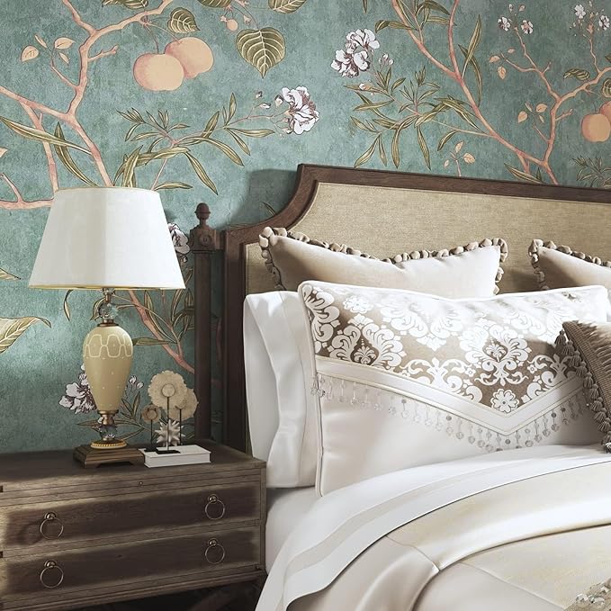 Laatse Green Floral Wallpaper Peel and Stick Bird Wallpaper 17.5" x 78.7"