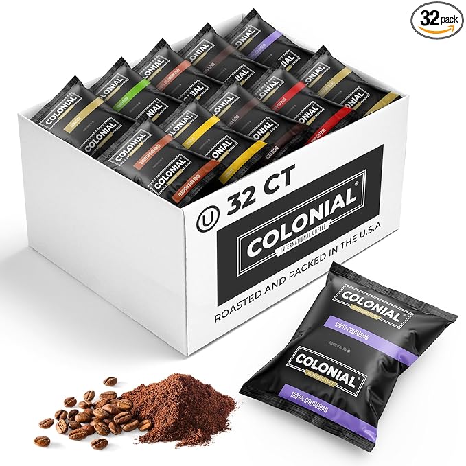 Colonial Coffee 32 Count Single Pot Coffee Packets – Assorted Variety Pack with Medium, Dark, & Decaf Roast Blends | Pre-Measured Frac Packs for 12 Cup Maker | Bulk Ground Gourmet Coffee for Home & Office