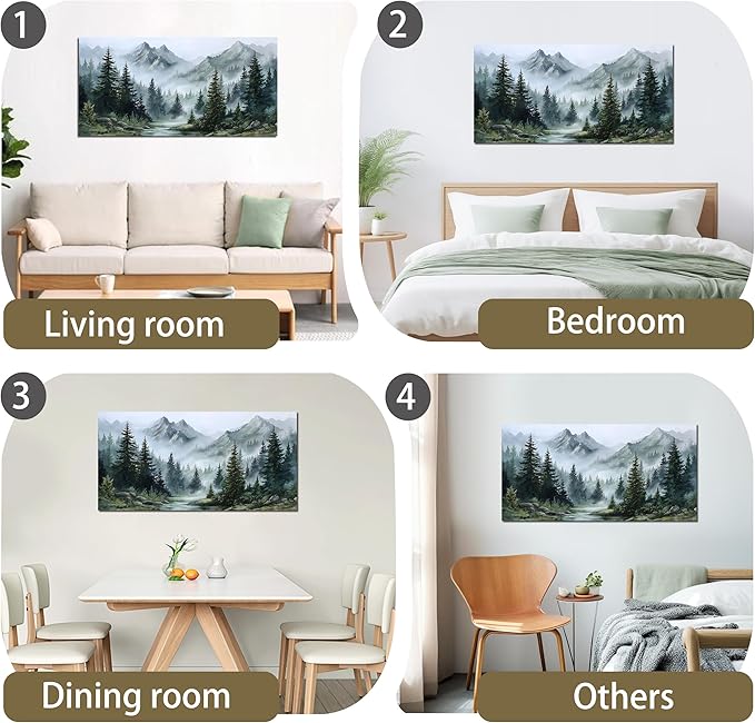 Tarfupth Large Misty Forest Wall Art for Living Room Green Nature Mountain Landscape Canvas Artwork with Trees and River Nature Art for Bedroom Office Home Decor 29x58 Inch