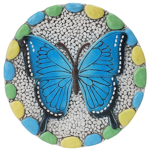 Decorative Butterfly Garden Stepping Stone - Round 10-Inch Concrete, Multi-Colored with Blue Design, Pebble Background for Outdoor Pathways Cynkeyee
