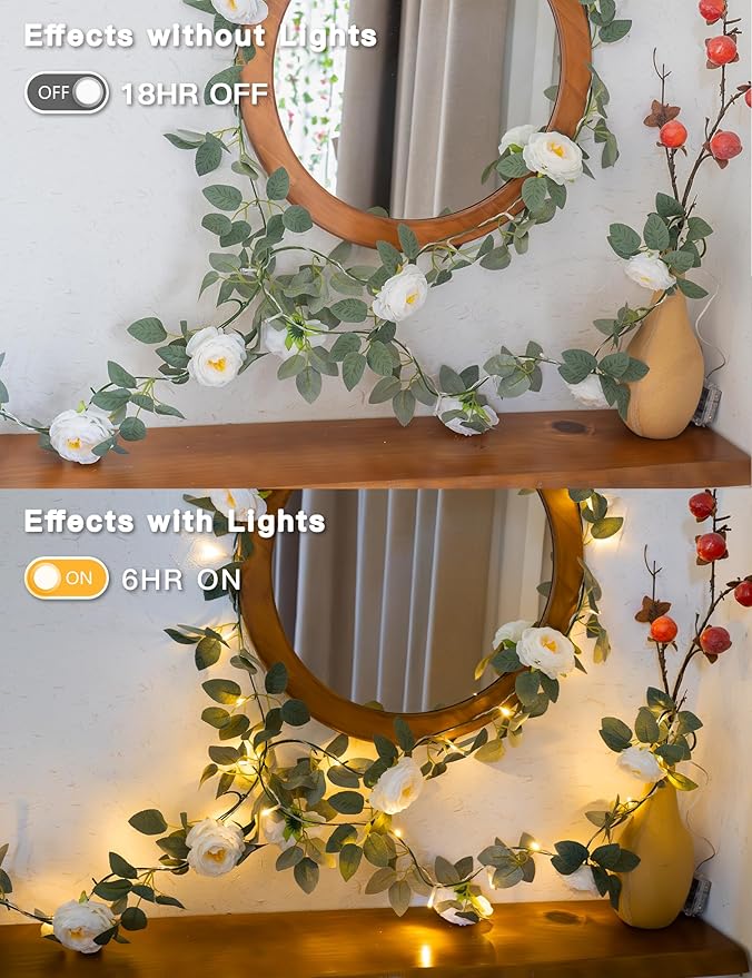 suddus Flower Garland with White Camellia Fairy Lights Indoor, 60 LED Vines