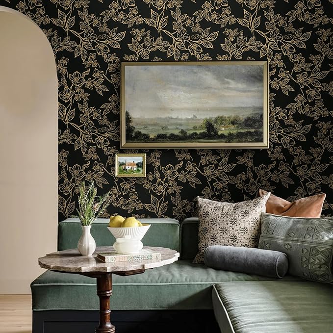 Ismoon Peel and Stick Wallpaper Black and Gold Stick on Wallpaper Dark Floral