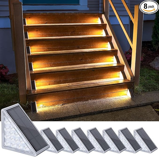 NIORSUN Solar Step Lights 8 Pack - Outdoor Stair Lights with 3000K Warm White & 6000K Cool Daylight, IP67 Waterproof, Auto On/Off, Super Bright for Deck, Patio, Steps