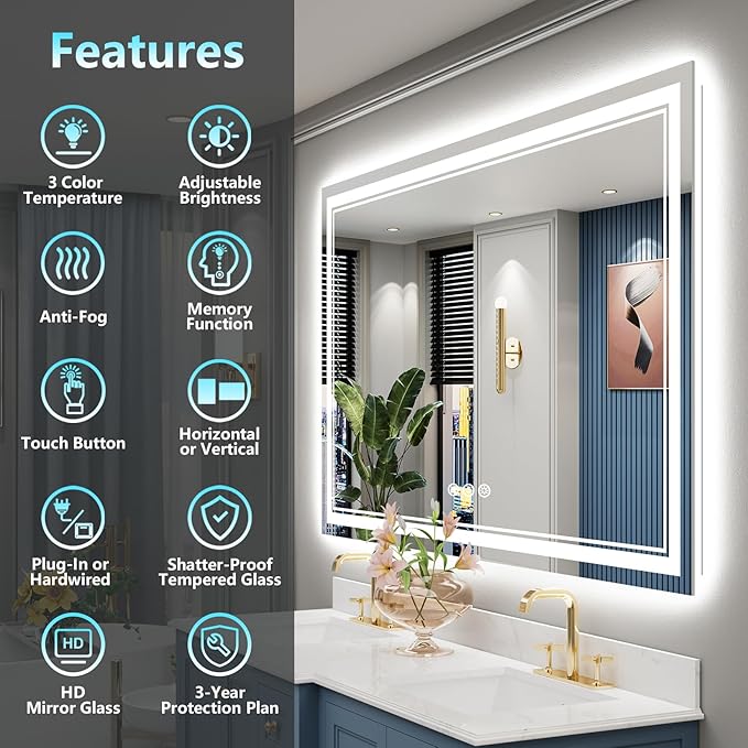 60x28 LED Bathroom Mirror with Lights, Backlit and Front Lit Anti-Fog Lighted
