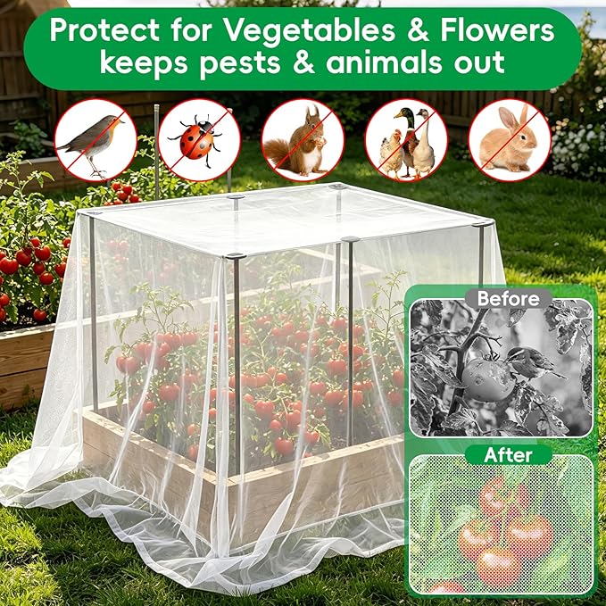 Metal Garden Netting Covers Kit for Raised Beds, 6 Pack 5.2FT Garden Poles Support Stakes with 10×13FT Insect Pest Barrier Plant Netting Mesh & 12 Clips for Vegetable Fruit Flower Garden Protection