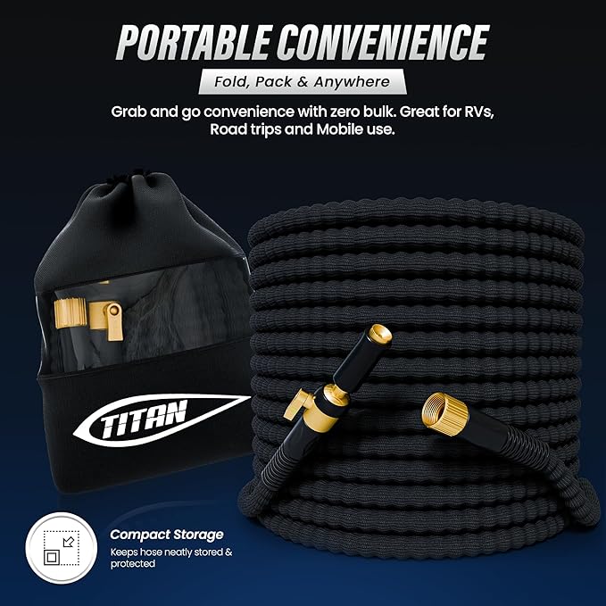 TITAN 100 ft Garden Hose – Lightweight Flexible Water Hose, Kink-Free Non-Expanding, High Flow, Solid Brass Fittings, Leak-Proof with Nozzle