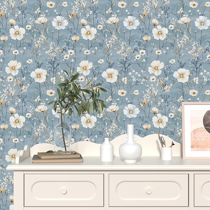 Laatse Blue Floral Peel and Stick Wallpaper White Botanical Contact Paper