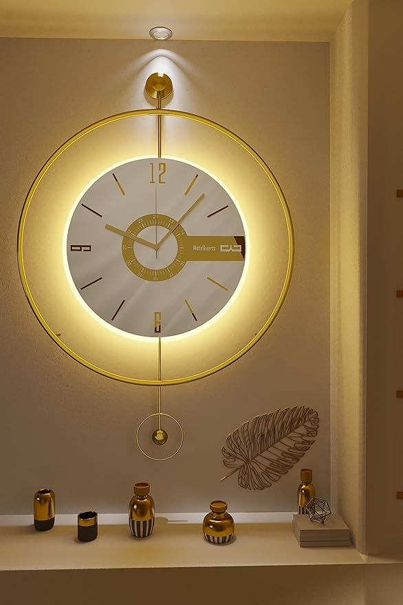 Large Luxury LED Backlit Wall Clock – Pendulum Roman Numeral Metal Ring