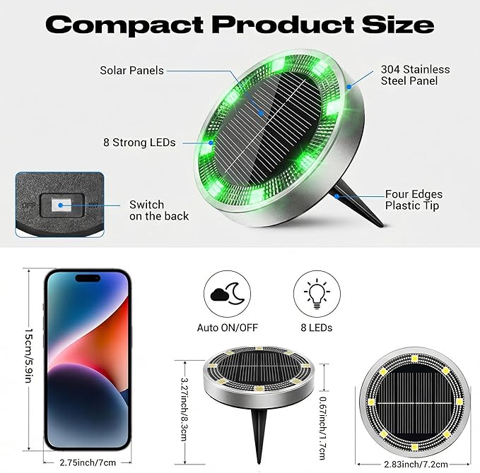 Peasur Solar Ground Lights Outdoor, 12 Pack Flat Solar Powered Disc Lights, IP68 Waterproof, Anti-Rust, Landscape Lighting for Pathway Garden Yard Lawn Walkway Landscape Driveway, Green