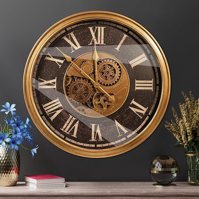 October Elf Large Real Moving Gears Wall Clock 24 Inch Vintage Industrial