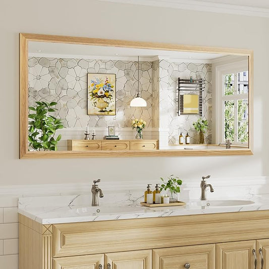 72x32 Inch Bathroom Mirror for Wall, Anti-Rust Oak Wood Grain Metal Framed