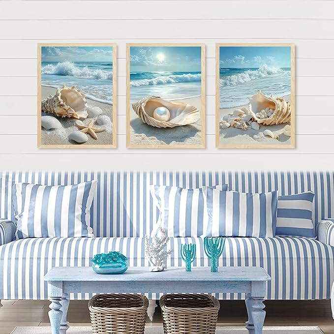 SYWENNOI 3 Piece Wood Framed Beach Wall Art, Sandy Shore, Pearl in Shell
