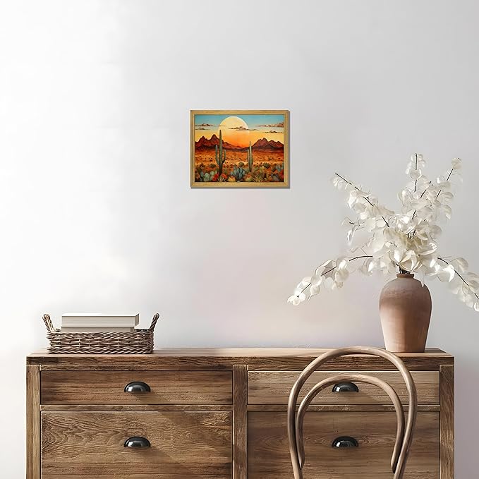 Framed Western Desert Sunset Cactus Wall Art, Vintage Southwest Nature