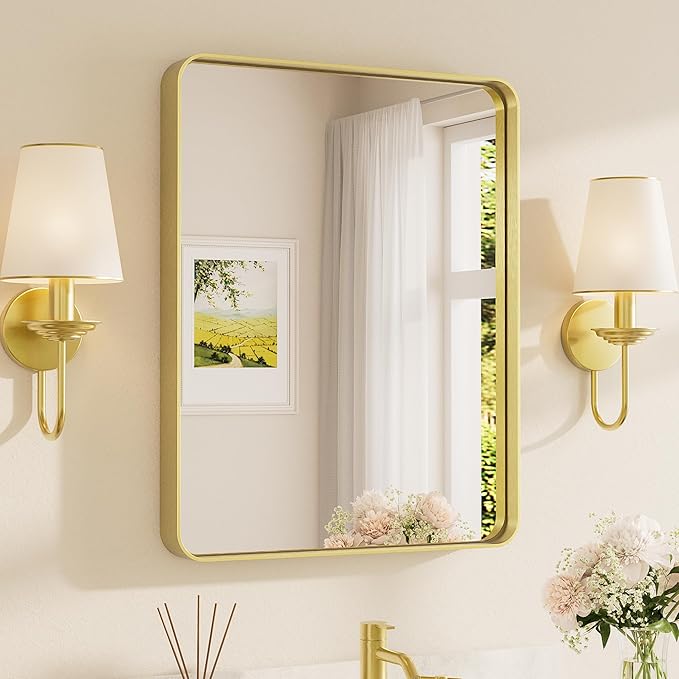 TETOTE Brushed Gold Bathroom Mirror, 24 x 30 Inch Metal Framed Mirror, Brushed