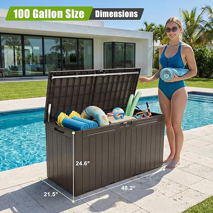 Flamaker Resin Deck Box 100 Gallon Large Lockable Outdoor Storage Box Waterproof Deck Chest for Patio Cushions, Garden Tools, Accessories (Deep Brown)