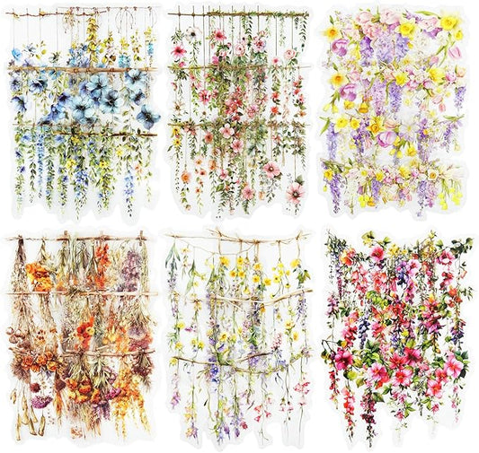 AuriicLeaf Hanging Floral PET Stickers Set, 60PCS Botanical Flower Stickers for Scrapbooking, Journaling, DIY Crafts, and Art Supplies
