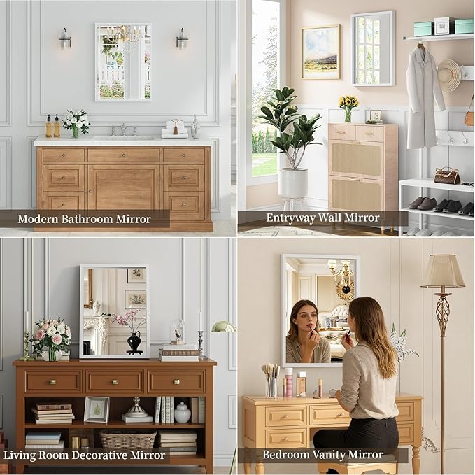 Syndra White Wood Frame Bathroom Mirror, Waterproof Slim Deep Frame,