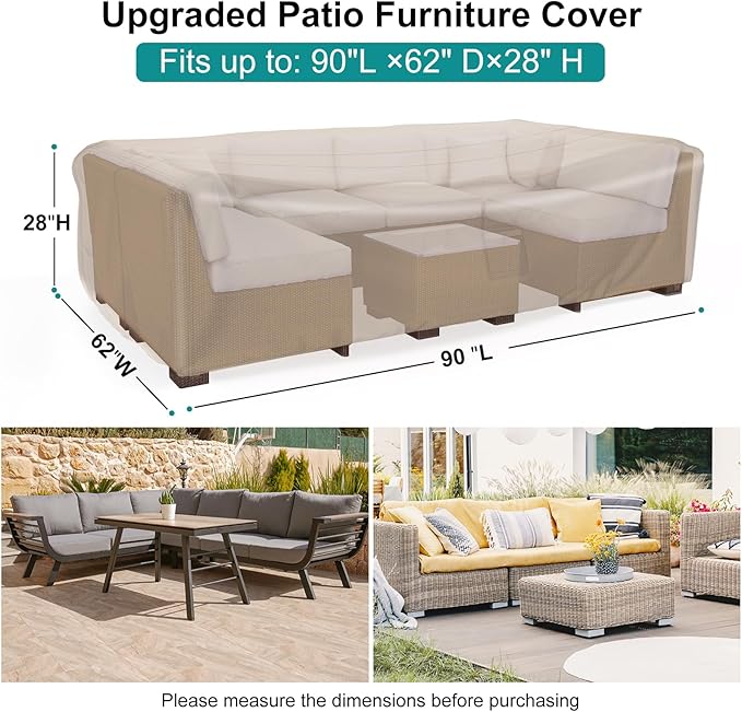 Patio Furniture Set Cover Waterproof, Heavy Duty Furniture Covers for Outdoor Sectional Sofa Set Wicker Rattan Table Chair Rectangular,90"L×62"W×28"H,Brown