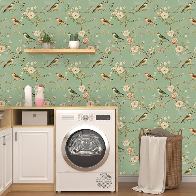 Laatse Green Floral Wallpaper Peel and Stick Bird Wallpaper Pink Flower Contact