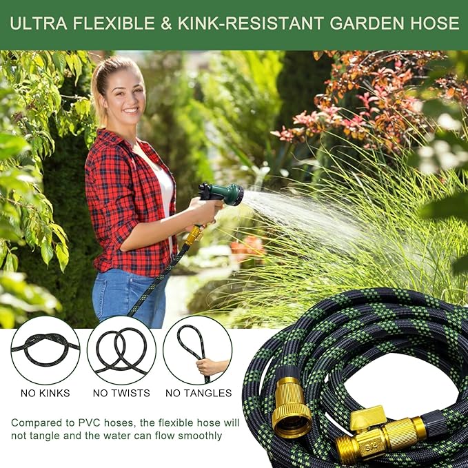 Garden Hose Non-Expandable 75 ft, Lightweight Flexible Water Hose with 10 Function Spray Nozzle, Outdoor Leak Proof, Kink-Free, Portable Hose for Yard, Lawn, Camper, High-Density Fabric, Black Green