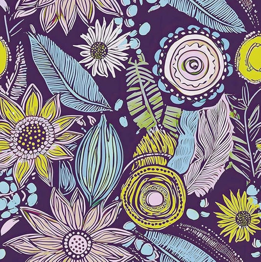 Purple Boho Wallpaper Peel and Stick, Vintage Yellow Floral Contact Paper 17.5"