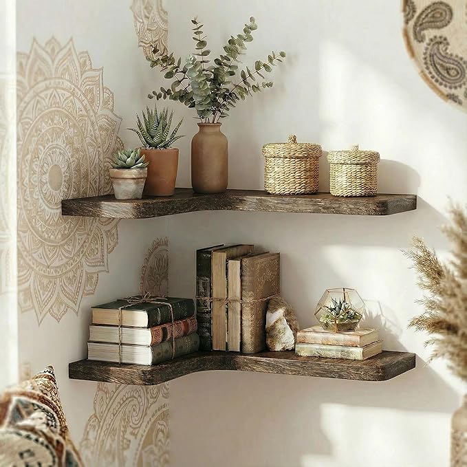 16 Inch Solid Wood Floating Corner Shelves 3 Pack