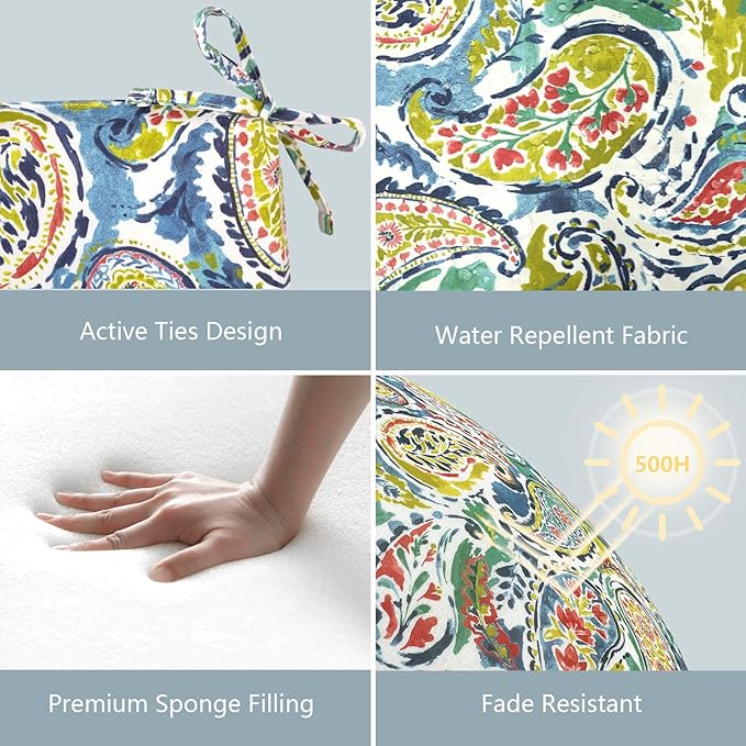 LVTXIII Outdoor Chair Cushions, Water Repellent Patio Furniture Cushions Outdoor Square Chair Pads with Ties for Dining Chairs and Garden Furniture Decoration, 18.5"x16"x2" Set of 2, Paradise Paisley