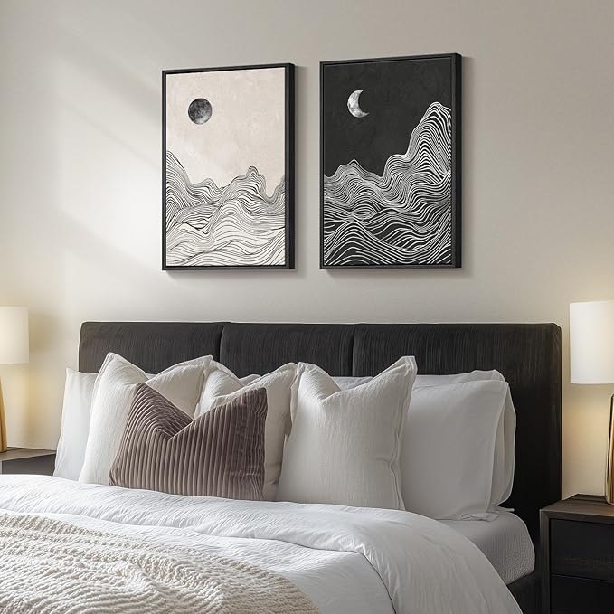 Framed Black and White Abstract Wall Art, 2 Piece Modern Canvas Prints