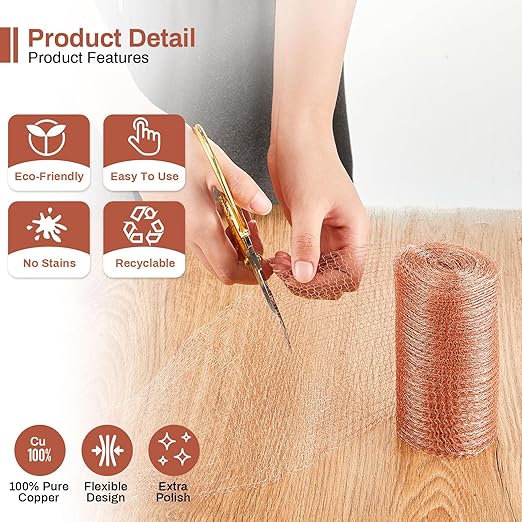 Gisafai 16' x 33 ft Copper Mesh Rodent Control Copper Wool for Slugs Rustproof DIY Hole Filler Pure Wire Mesh for Bat Snail Bird Pest Rodent Control Gap Blocker Fill Fabric Hole Gardening(1 Roll)