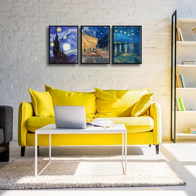 Wieco Art Framed 3 Panels Canvas Prints of Vincent Van Gogh Paintings